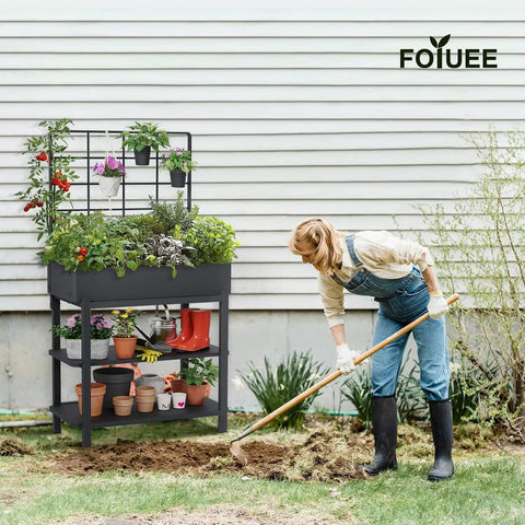 Metal Raised Garden Bed With Trellis And 2 Tier Storage Shelf, Elevated Planter Box On Legs, Includes 3 Flower Pots, Outdoor Vertical Garden For Vegetables Herbs And Climbing Plants On Patio Or Balcony No Fuss Setup