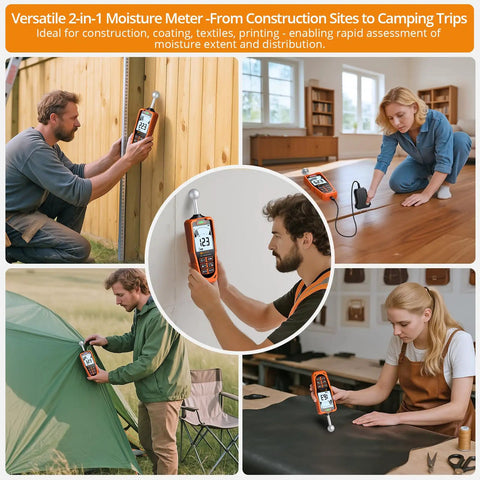 2-In-1 Dual Probe Moisture Meter With LCD Display And Audio Alarm, Pinless Sensor For Non-Destructive Wall And Floor Scanning Up To 40mm, Plus Pin Probe For Precise Moisture Readings In DIY, Construction, And Home Improvement Projects, used on wood, floors, tent fabric, and leather