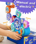 Child playing with Gear Building Toys For Kids Electric And Manual Construction Set, colorful gears on blue base.
