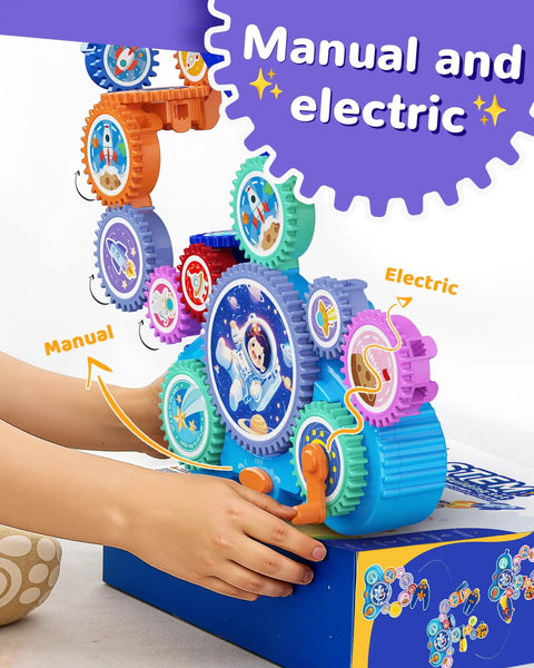 Child playing with Gear Building Toys For Kids Electric And Manual Construction Set, colorful gears on blue base.