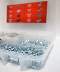 Open box showing contents of Must Have License Plate Hardware Kit 400 Piece Variety Pack With Stainless Steel Screws Nylon Inserts