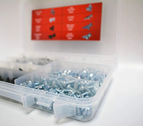 Open box showing contents of Must Have License Plate Hardware Kit 400 Piece Variety Pack With Stainless Steel Screws Nylon Inserts