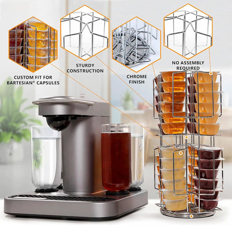 48 Pod Capsule Holder Carousel For Bartesian Cocktail Maker with chrome finish beside cocktail machine