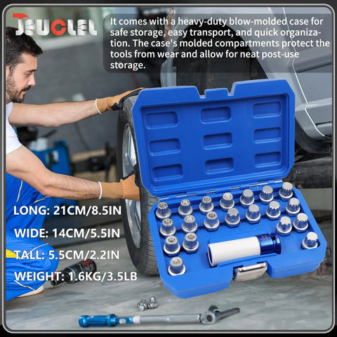 BMW Compatible 21 Piece Wheel Lock Nut Key Kit All In One Socket Tool Set displayed in blue molded case