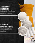 Workhorse Goat Grain Welding Gloves For TIG And Multi Tasking With Split Cowhide Back Four Inch Extended Cuff White And Gold Large Kontour Design