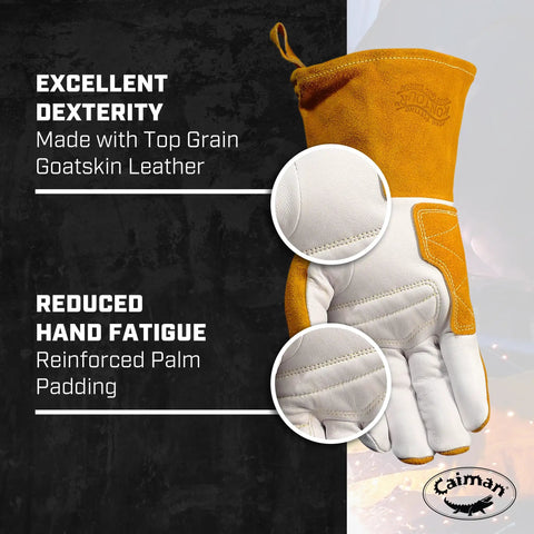Workhorse Goat Grain Welding Gloves For TIG And Multi Tasking With Split Cowhide Back Four Inch Extended Cuff White And Gold Large Kontour Design