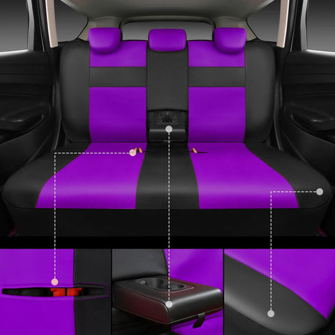 Backseat view of the Leather Seat Covers Full Set For SUV Sedan And Van Water Resistant With 3D Foam Back Support All Season Comfort Dope Look Airbag Compatible Universal Fit Sporty Color Design In Purple Black For Luxury Auto Interior Upgrade.