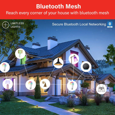 Diagram showing Works With Alexa BR30 Smart Flood Light Bulbs With Full Color And Tunable White in a house's exterior lighting setup.