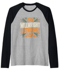 Millwright Strong Industrial Mechanic Gears Raglan Baseball Tee in gray and black, showcasing bold machinery symbols.