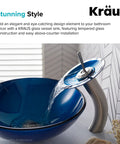 Round Blue Glass Vessel Bathroom Sink For Above Counter Installations With Easy To Clean Smooth Interior Durable Scratch Resistant Surface GV204 next to modern faucet