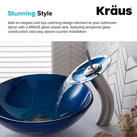 Round Blue Glass Vessel Bathroom Sink For Above Counter Installations With Easy To Clean Smooth Interior Durable Scratch Resistant Surface GV204 next to modern faucet