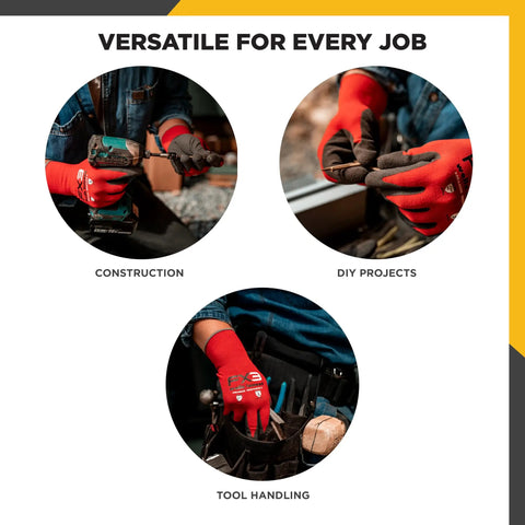 FX3 Nitrile Coated Grip Work Gloves For Tough Jobs, Tear And Abrasion Resistant, shown in construction, DIY, and tool handling