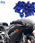 20Pcs M6 X 20mm Blue Aluminum Alloy Hex Socket Cap Bolts Universal Motorcycle Car Bumper Mudguard Fastener Kit displayed on bike