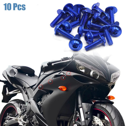 20Pcs M6 X 20mm Blue Aluminum Alloy Hex Socket Cap Bolts Universal Motorcycle Car Bumper Mudguard Fastener Kit displayed on bike