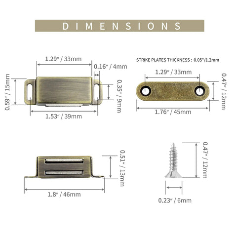 Dimensions of Hassle Free Magnetic Cabinet Door Catch 8 Pack Slick Bronze Finish Rust Proof Stainless Steel Latch.