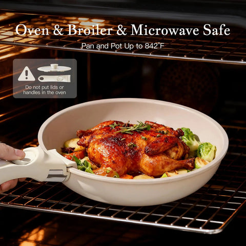 Detachable Handle Non Toxic Ceramic Pots And Pans Set With PFAS PFOA PFOS Free PTFE Free Nonstick Cookware shown in oven with roasted chicken