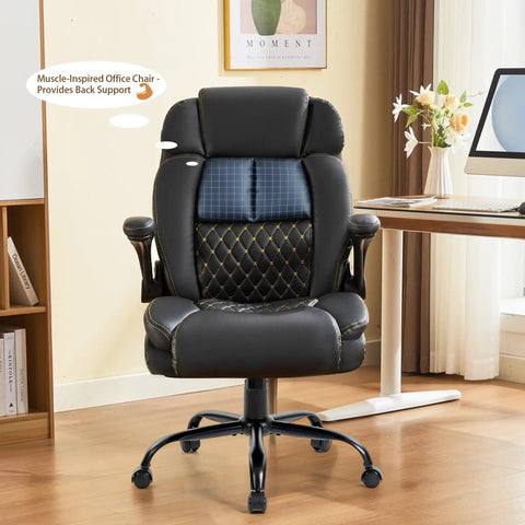 Ergonomic Big And Tall Office Chair With Four Point Massage And Heat 500 Lb Capacity in black PU leather near desk
