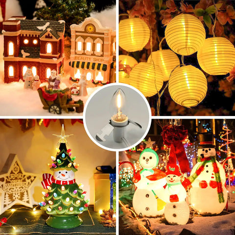 Collage showing Clip In LED Light Cord 6ft With On Off Switch used in Christmas villages, pumpkins, and festive decorations.