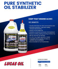 Pure Synthetic Motor Oil Stabilizer Formula in quart and gallon containers, designed to guard engines and transmissions.