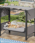 Outdoor Porch Swing With Stand And Adjustable Canopy 2 In 1 Convertible Bed 3 Seat Swing For Adults with woman and dog