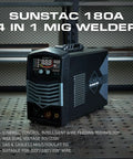 Sunstac 180A MIG Welder With Synergic LCD Control And Dual Voltage Power Up To 220V for home shop projects, displaying front panel features.