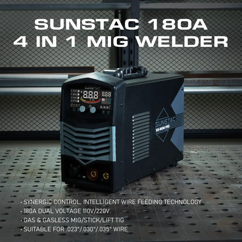 Sunstac 180A MIG Welder With Synergic LCD Control And Dual Voltage Power Up To 220V for home shop projects, displaying front panel features.