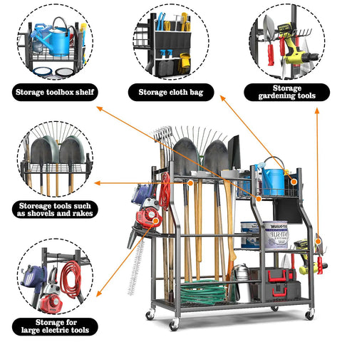 36 Inch Large Garden Tool Organizer On Wheels With Grab And Go Side Pocket Three Tier Rolling Garage Storage Cart For Long Handled Rakes Shovels Brooms Freestanding Yard Tools For Shed And Outdoors