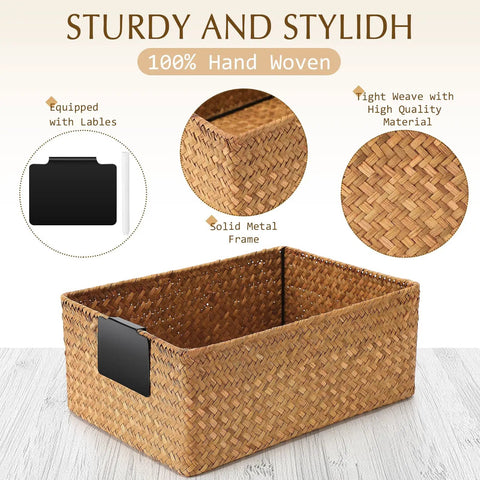Top Shelf Seagrass Basket Set Features Six Dang Good Pantry Organizers With Snazzy Pre Printed Labels For A Spotless Home Makeover Across Closets Counters And Mudrooms Anywhere: Hand-woven storage basket with a solid metal frame and black clip label.