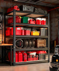 Heavy Duty 5-Tier Garage Shelving Unit With 2400 Lb Capacity, Adjustable Steel Storage Racks For Carport, Warehouse Or Basement, 72 Inch High By 40 Wide By 20 Deep, Industrial Grade Organization in garage with tires and bins