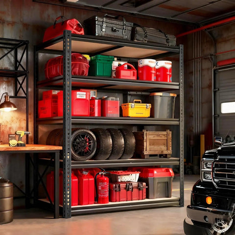 Heavy Duty 5-Tier Garage Shelving Unit With 2400 Lb Capacity, Adjustable Steel Storage Racks For Carport, Warehouse Or Basement, 72 Inch High By 40 Wide By 20 Deep, Industrial Grade Organization in garage with tires and bins