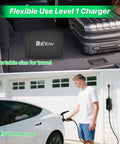 Badass Plug And Play Tesla EV Charger With Nacs Connector For Model 3 Y S X Cybertruck shown being used with portable charger.