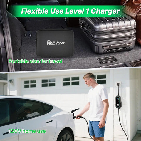 Badass Plug And Play Tesla EV Charger With Nacs Connector For Model 3 Y S X Cybertruck shown being used with portable charger.