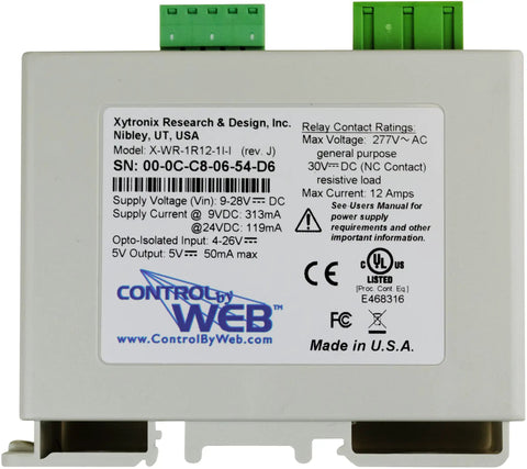 Remote Accessible Ethernet Relay And Digital Input Module Model X-WR-1R12-1I-I with label showing specifications and connectors