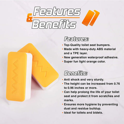 Two light orange pieces from Six Piece Toilet Seat Bumper Set With Height Adjusters And Lifter Handle For Easy Install, Durable Waterproof ABS With Adhesive.