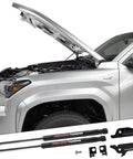 Hood QuickLIFT System for Toyota Tacoma and 4Runner installed on silver vehicle, showing raised hood and components layout.