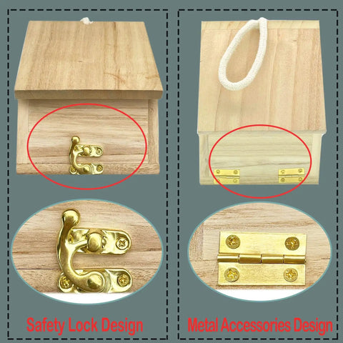 Close-up of Wooden Bird House Hanging Outdoor Nest Box with safety lock and metal accessories for garden decor.
