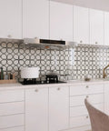 Cream Glossy White Peel And Stick Backsplash Tiles With Floral Modern Design in kitchen setting, self-adhesive, 8x8, DIY, no grout