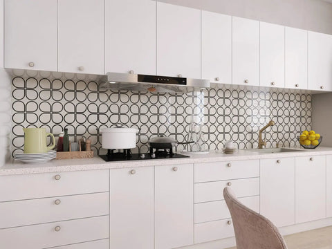 Cream Glossy White Peel And Stick Backsplash Tiles With Floral Modern Design in kitchen setting, self-adhesive, 8x8, DIY, no grout