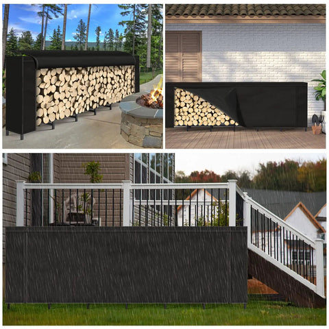Multiple angles of 8Ft Firewood Rack With Cover For Outdoor Wood Storage Heavy Duty Beefy Steel Construction in use on porches and decks.