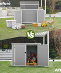 Before and after of Spacious Outdoor Storage Shed With Floor Included, 41 Cu Ft Resin Weatherproof Storage Box For Garden Tools, Lawn Mowers, Garbage Cans And Patio Gear, Grey And White storing outdoor items.
