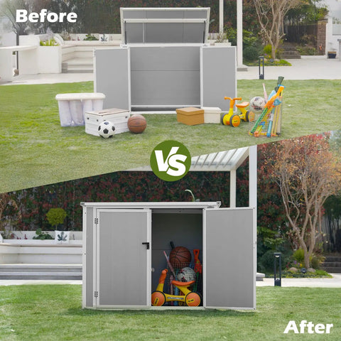 Before and after of Spacious Outdoor Storage Shed With Floor Included, 41 Cu Ft Resin Weatherproof Storage Box For Garden Tools, Lawn Mowers, Garbage Cans And Patio Gear, Grey And White storing outdoor items.