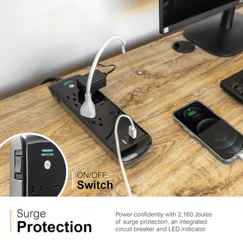 7-Outlet Surge Protector With 2 USB Ports, 3 Ft Flat-Plug Extension Cord, 1780-Joule Protection on wooden desk with devices
