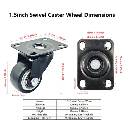 Heavy Duty Silent Caster Wheel Set Built Tough For Daily Grind Features Dead Quiet PU Rollers and Precision Ball Bearings dimensions chart