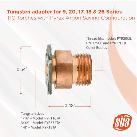 Side view of copper tungsten adapter for 9, 20, 17, 18 & 26 Series TIG Torches, dimensions 0.54" x 0.48" with Pyrex Argon Saving Configuration.