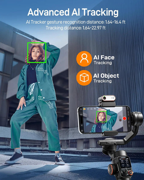 Phone Gimbal Stabilizer With AI Tracking And Detachable One Point Four Inch Touchscreen Remote in use for pro-level stability.
