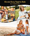 Double Wall Vacuum Insulated Wine Bottle Chiller Keeps Your Sip Dead Froze For Six Hours Skip The Ice Water Drama Sleek Stainless Steel Vessel near friends toasting and enjoying wine on a picnic.