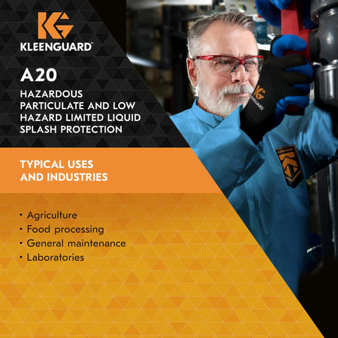 Man wearing blue coveralls in industrial setting, Kleenguard A20 hazardous protection, agriculture and lab use, close-up.