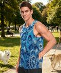 Sick Pattern Mens Hella Breathable Mesh Tank Top With Secure Hidden Pocket And Bold Blue Gears Design in park setting