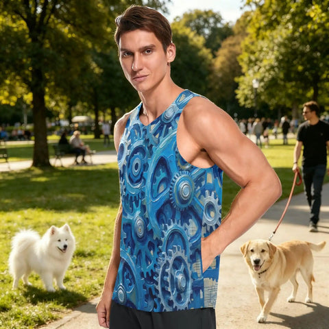 Sick Pattern Mens Hella Breathable Mesh Tank Top With Secure Hidden Pocket And Bold Blue Gears Design in park setting
