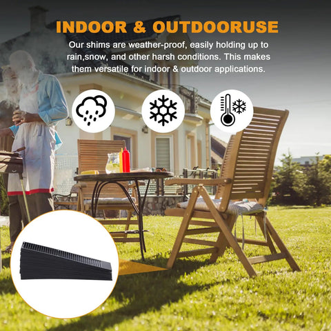 Composite Shims 48 Pack Heavy Duty Leveling Wedges For Home Improvement Never Rot Shims used outdoors on patio chair.